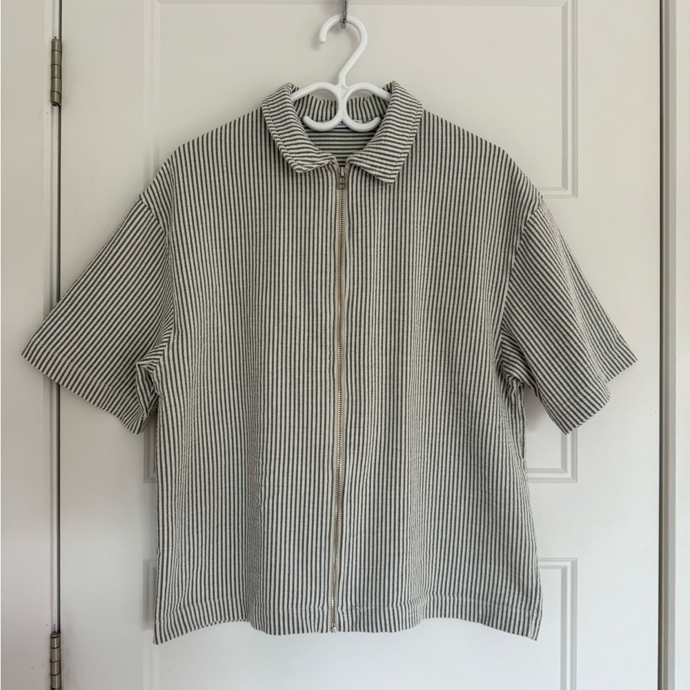 STRIPED SMALL SHORT SLEEVE ZIP-UP SHIRT MAN ZARA WHITE AND DARK GREY